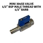 1/2" 304SS Mini Ball Valve - 1/2" Barb to 1/2" BSP Male Thread