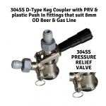 304SS D-Type Keg Coupler With Pressure Relief Valve (PRV) + Duotight Push In Fittings: Suits CUB Kegs